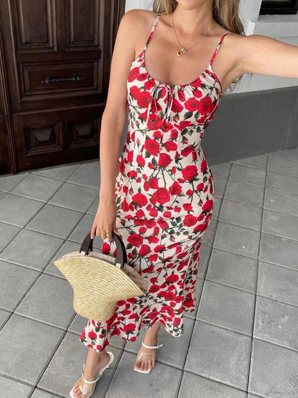 SHEIN Red & White Floral Slip Midi Dress - Picture 2 of 11